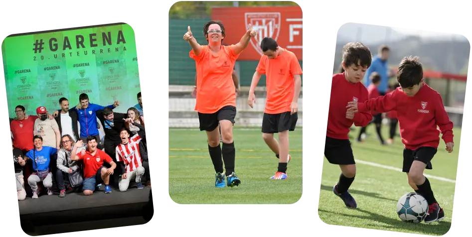 Tres escenas de fútbol inclusivo que muestran a personas de diversas edades y capacidades disfrutando del deporte, como parte del proyecto Raíces de la Fundación Athletic Club.